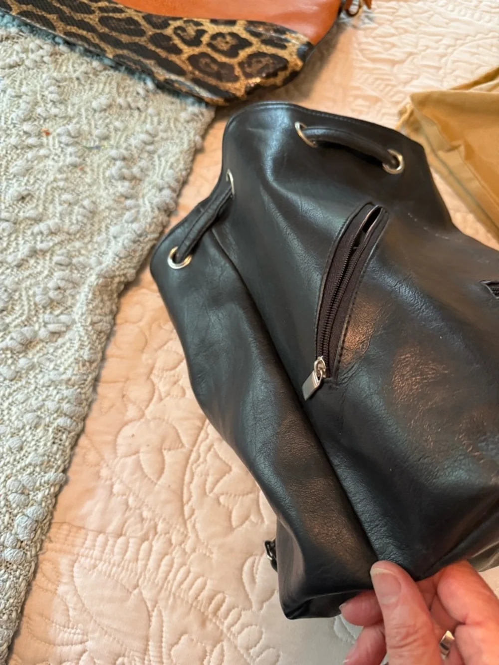 Vintage Excel Handbags Co Black Vegan Leather Drawstring Backpack OS